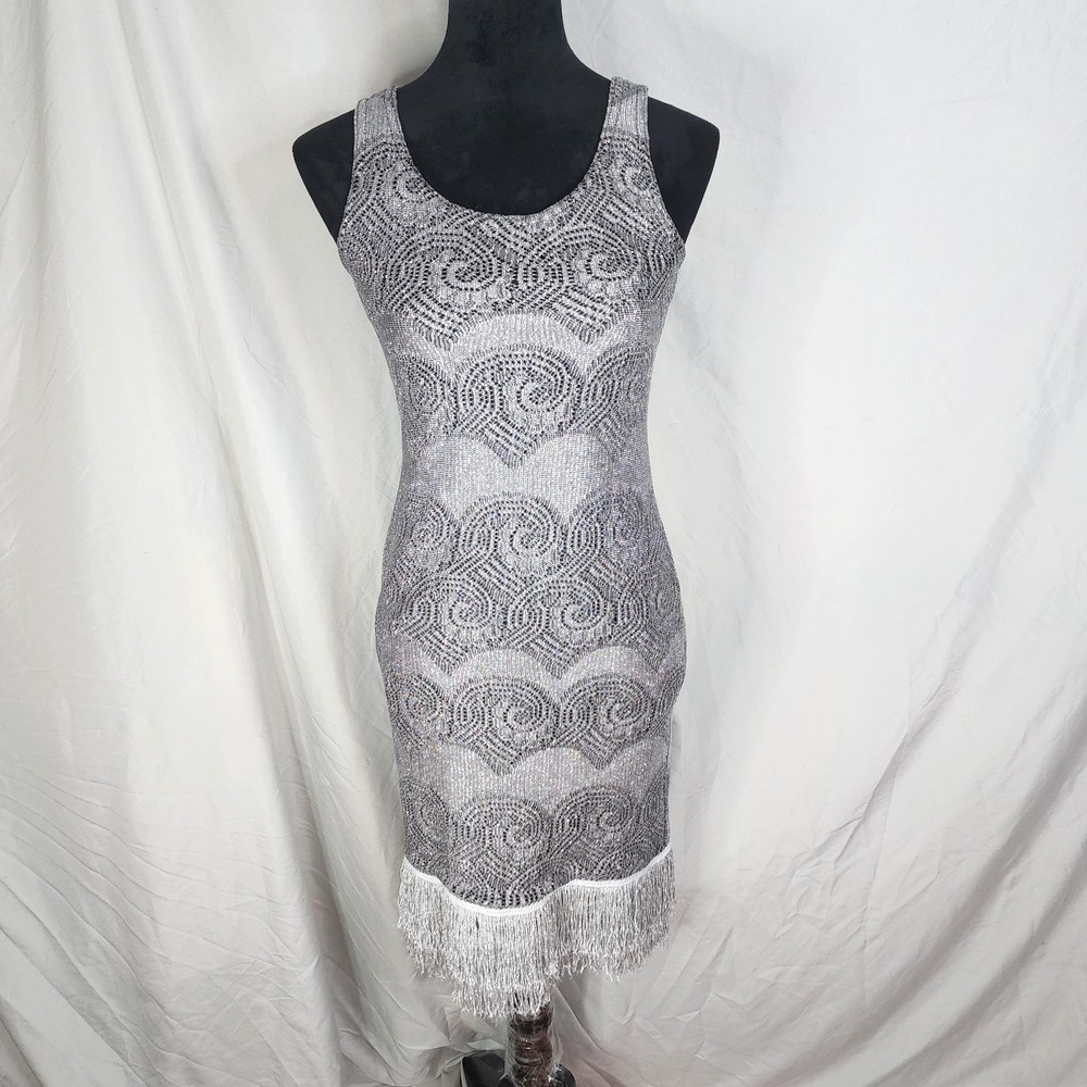 USA Vtg 90s STREET CODE Size Medium Tasseled Silver Lurex Knit Bodycon Dress EUC